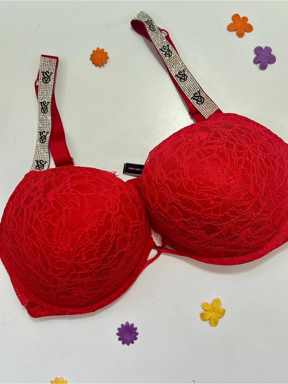 Victoria's Secret Red Lace Bombshell Push-Up Bra with Embellished Straps 36D